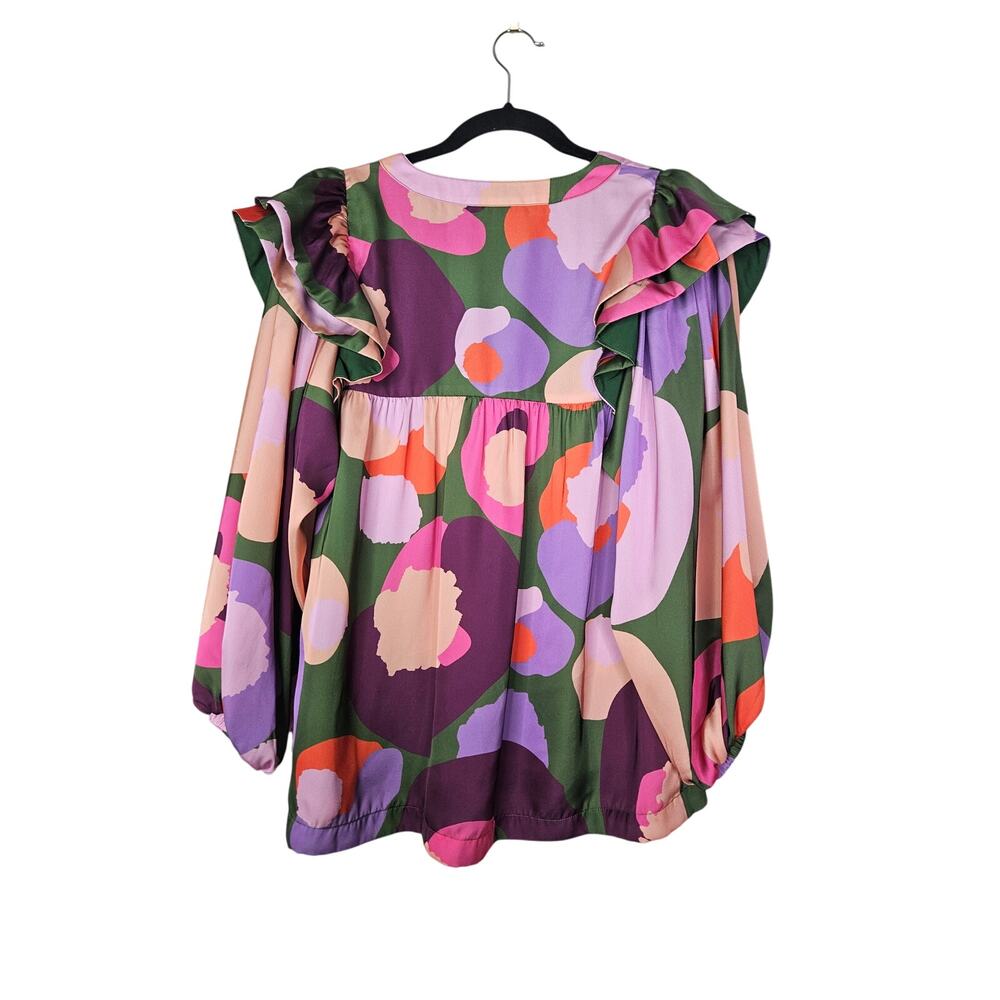 Emily McCarthy XS Preppy Blouse Top Casual Career Glam Ruffle Shoulder Abstract - Picture 2 of 4